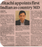 Business Standard covers the appointment of Hitachi India's new MD