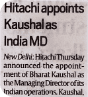 Indian Express covers the appointment of Hitachi India's new MD