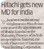 Deccan Herald covers the appointment of Hitachi India's new MD