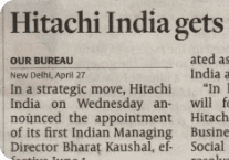 Hindu Business Line covers the appointment of Hitachi India's new MD